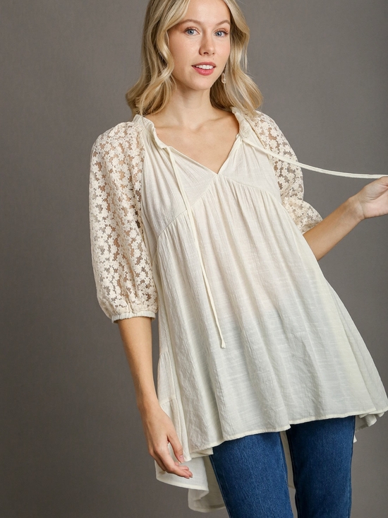 Umgee Tops - Umgee Cream Lace-Sleeve Peasant Tunic (New In Bag)